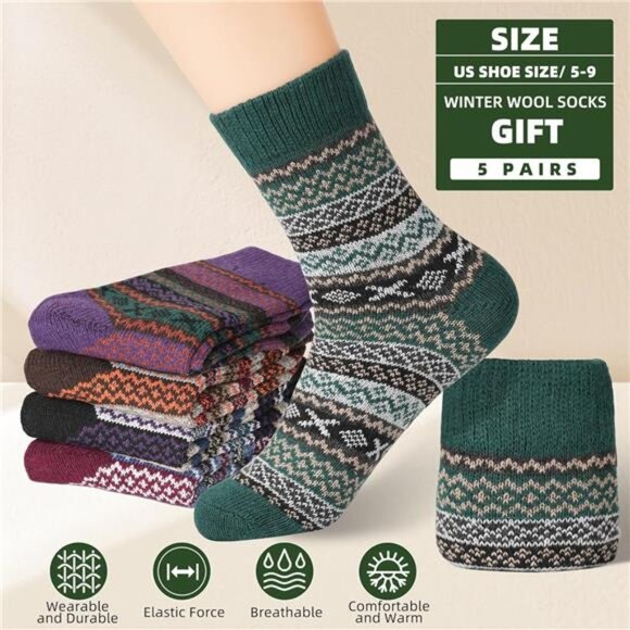 Womens Wool Socks 5 Pairs Winter Warm Thick Knit Wool Soft Vintage Casual Crew - Picture 3 of 7